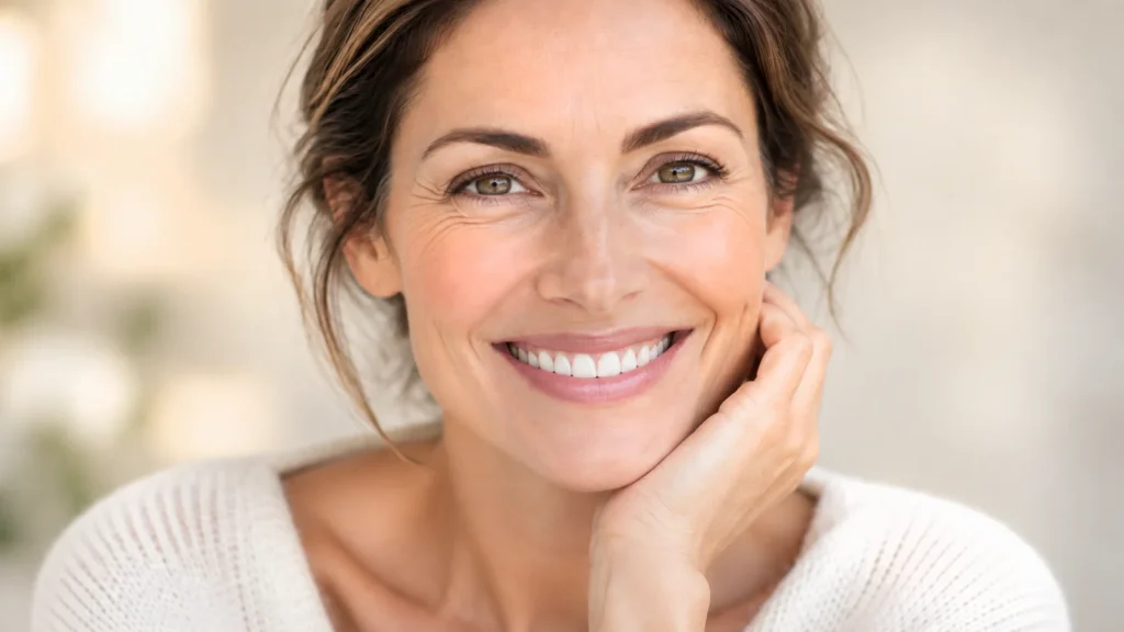 Natural close-up of a smiling adult showing normal crow’s feet at the outer corners of the eyes.