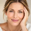 Natural portrait of a smiling woman with subtle forehead lines and relaxed facial expression.