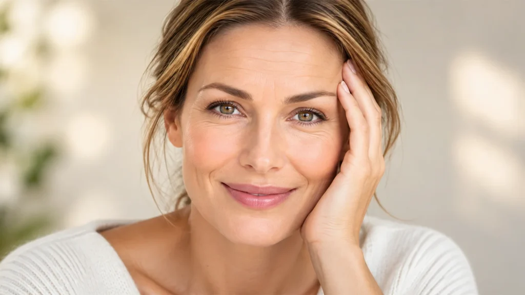 Natural portrait of a smiling woman with subtle forehead lines and relaxed facial expression.