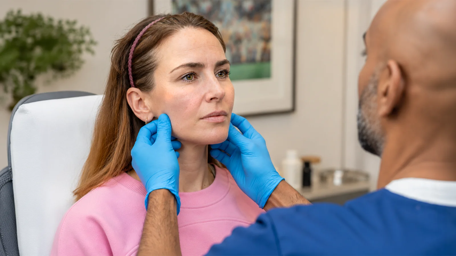 Dr Suresh Mohan assessing a patient's jaw and lower-face anatomy during a consultation