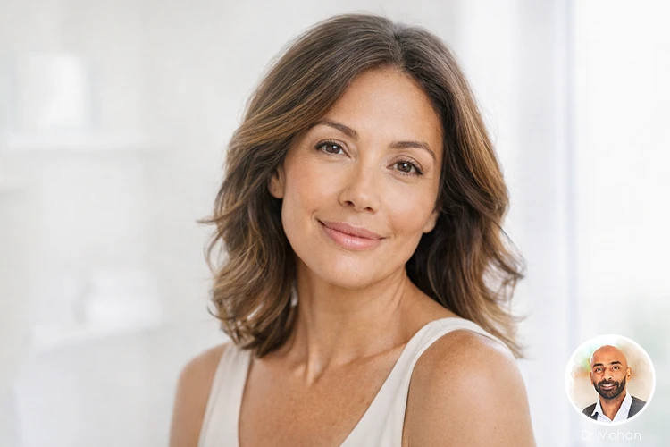 Natural-looking middle-aged woman with healthy skin illustrating the difference between polynucleotides and Botox for facial rejuvenation