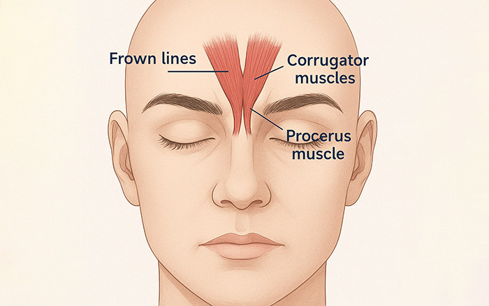 Diagram of facial muscles causing frown lines – corrugator and procerus – between the eyebrows.
